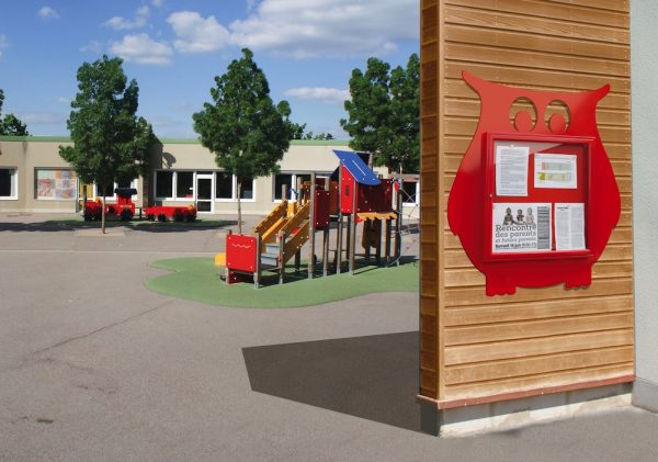 owl design school outdoor noticeboard in bright red finish