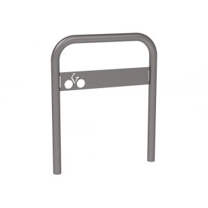 grey bicycle stand with panel and bicycle motif for bike lockage