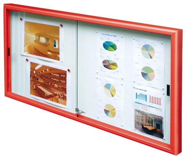 Wall mounted sliding glass door noticeboard red frame