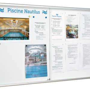 wall mounted sliding door noticeboard in anodised silver frame