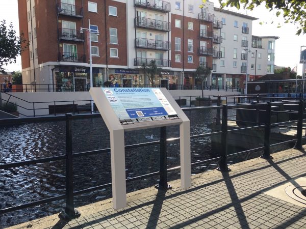 mendip freestanding angled interpretation board outdoor lectern on quayside