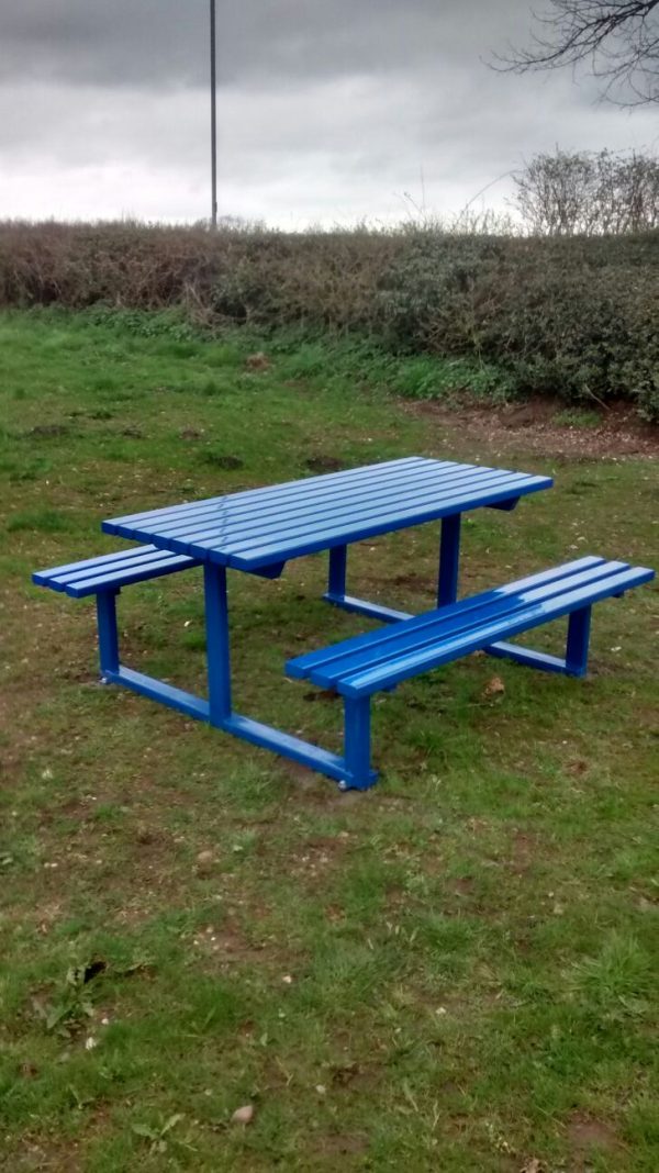 Vandal resistant all steel picnic table and bench set