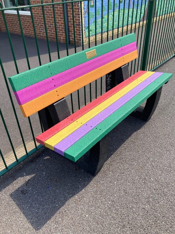 Clayton recycled plastic bench colourful slats for school playground