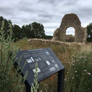 angled interpretation panel at a 45 degree angle for viewpoint information display at heritage site.